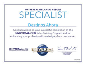 Destinos Ahora Travel Agent Certificate: Universal Orlando Resort 2024, UniversalAndU