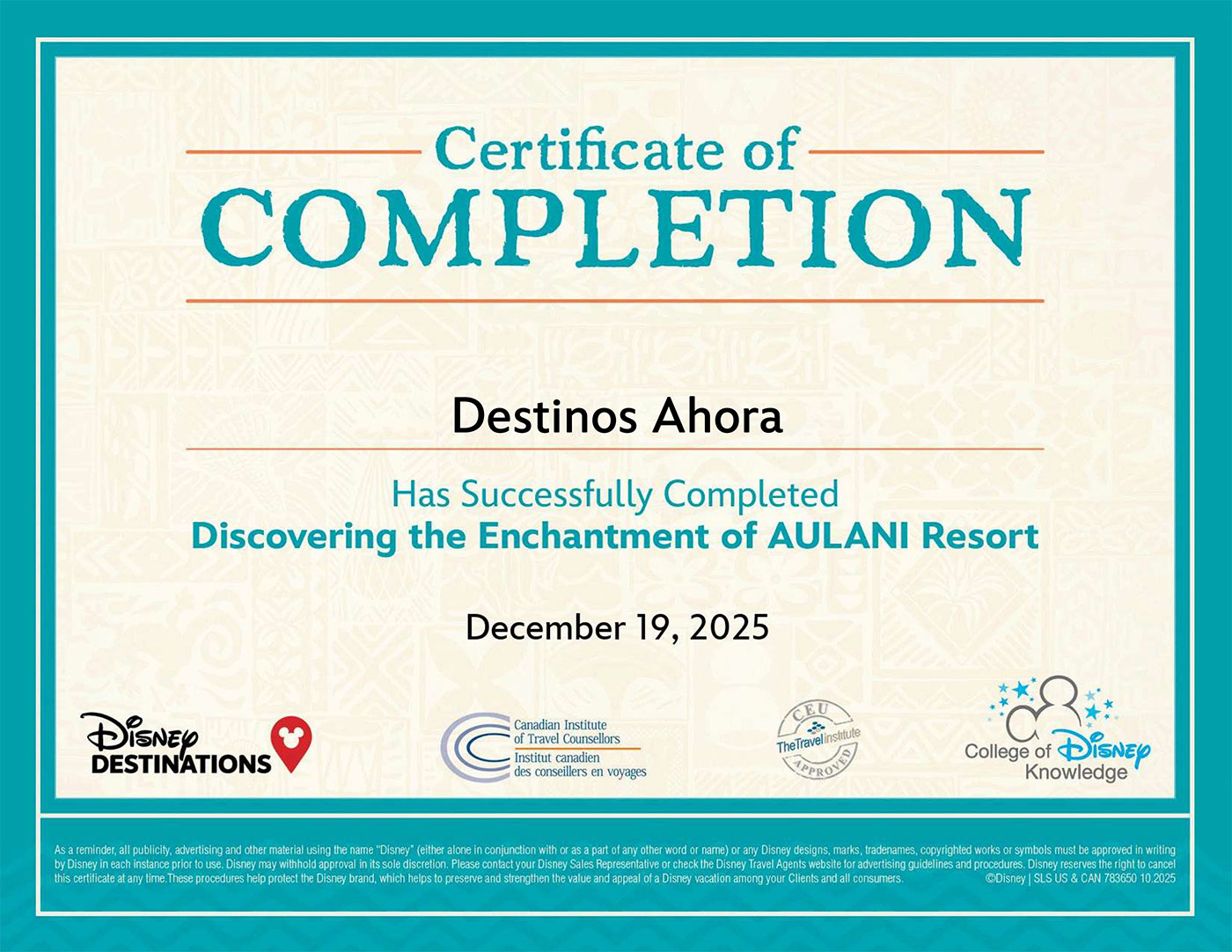 Destinos Ahora Travel Agent Certificate: Aulani, a Disney Resort & Spa, College of Disney Knowledge