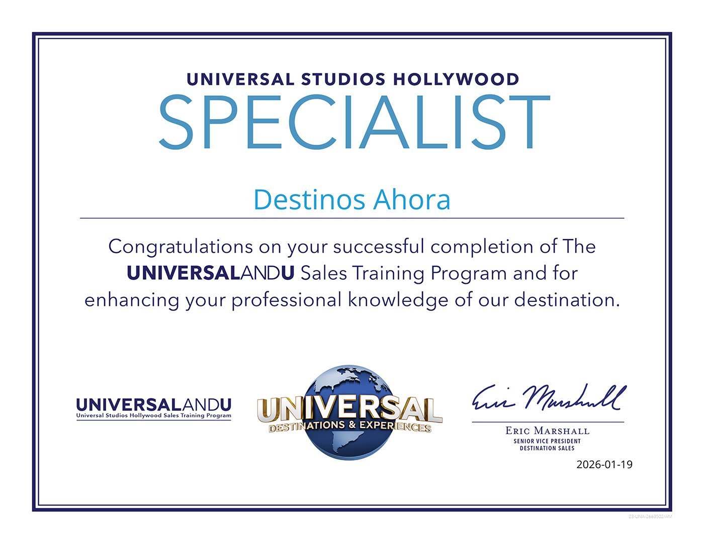 Destinos Ahora Travel Agent Certificate: Universal Studios Hollywood 2024, UniversalAndU